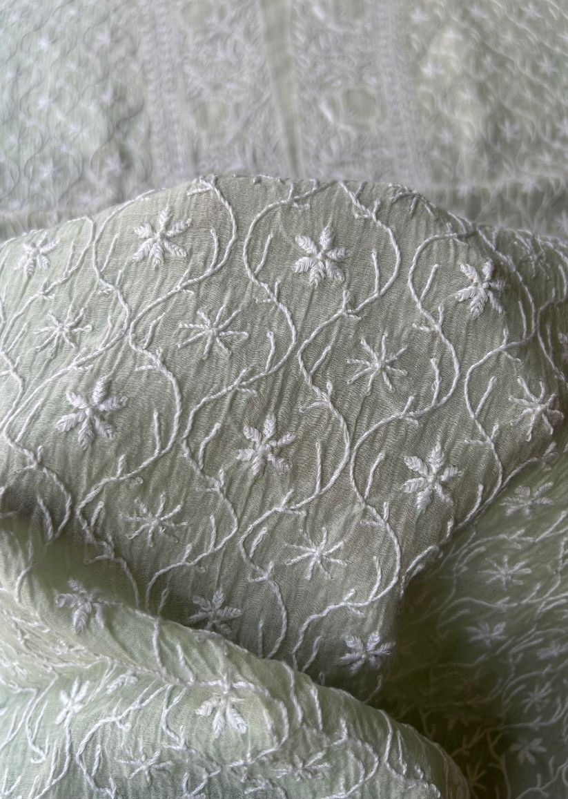 Firgun Pale Mint Green Lucknowi Chikankari Mul Chanderi Unstitched Kurta & Dupatta Set