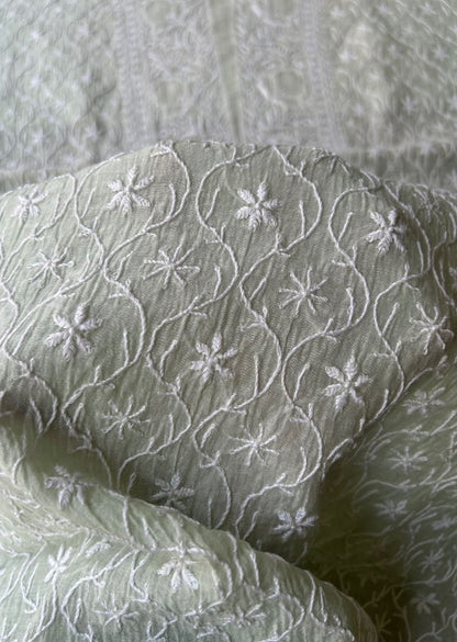 Firgun Pale Mint Green Lucknowi Chikankari Mul Chanderi Unstitched Kurta & Dupatta Set