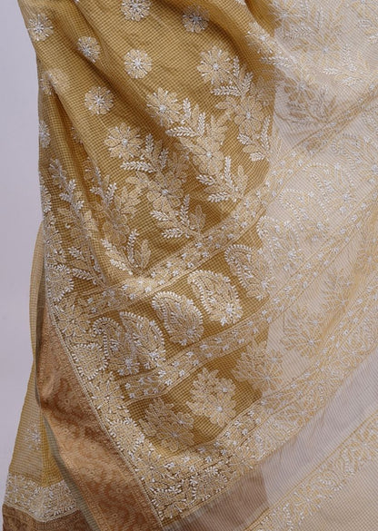 Firgun Mustard Lucknowi Chikankari Cotton Saree with Unstitched Blouse Piece