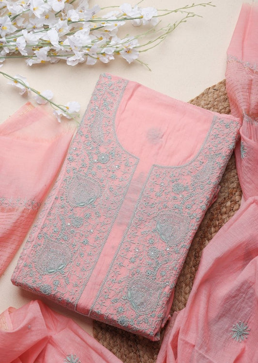 Firgun Salmon Pink Lucknowi Chikankari Mul Chanderi Unstitched Kurta & Dupatta Set