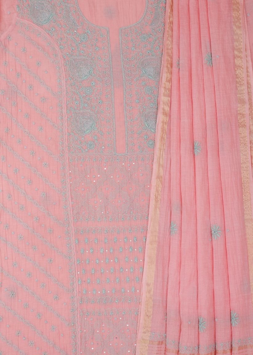 Firgun Salmon Pink Lucknowi Chikankari Mul Chanderi Unstitched Kurta & Dupatta Set