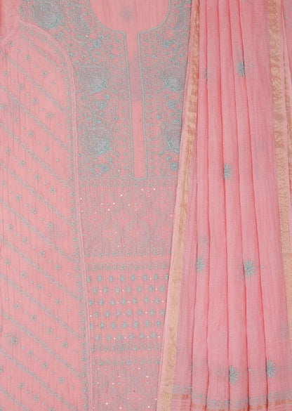 Firgun Salmon Pink Lucknowi Chikankari Mul Chanderi Unstitched Kurta & Dupatta Set