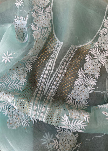 Firgun Aqua Blue Lucknowi Chikankari Pure Organza Unstitched Kurta & Dupatta Set