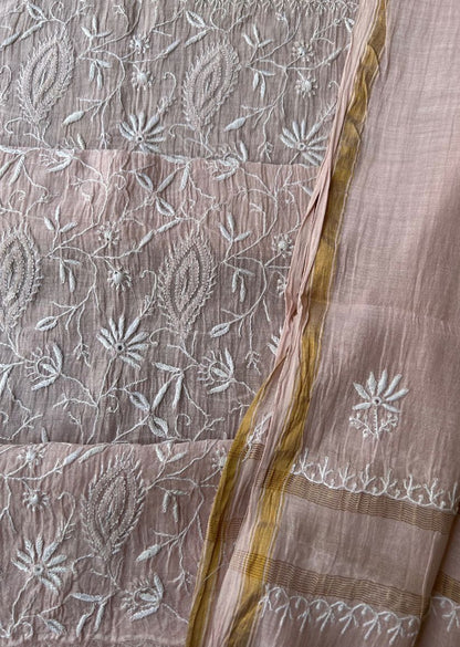 Firgun Pale Pink Lucknowi Chikankari Mul Chanderi Unstitched Kurta & Dupatta Set
