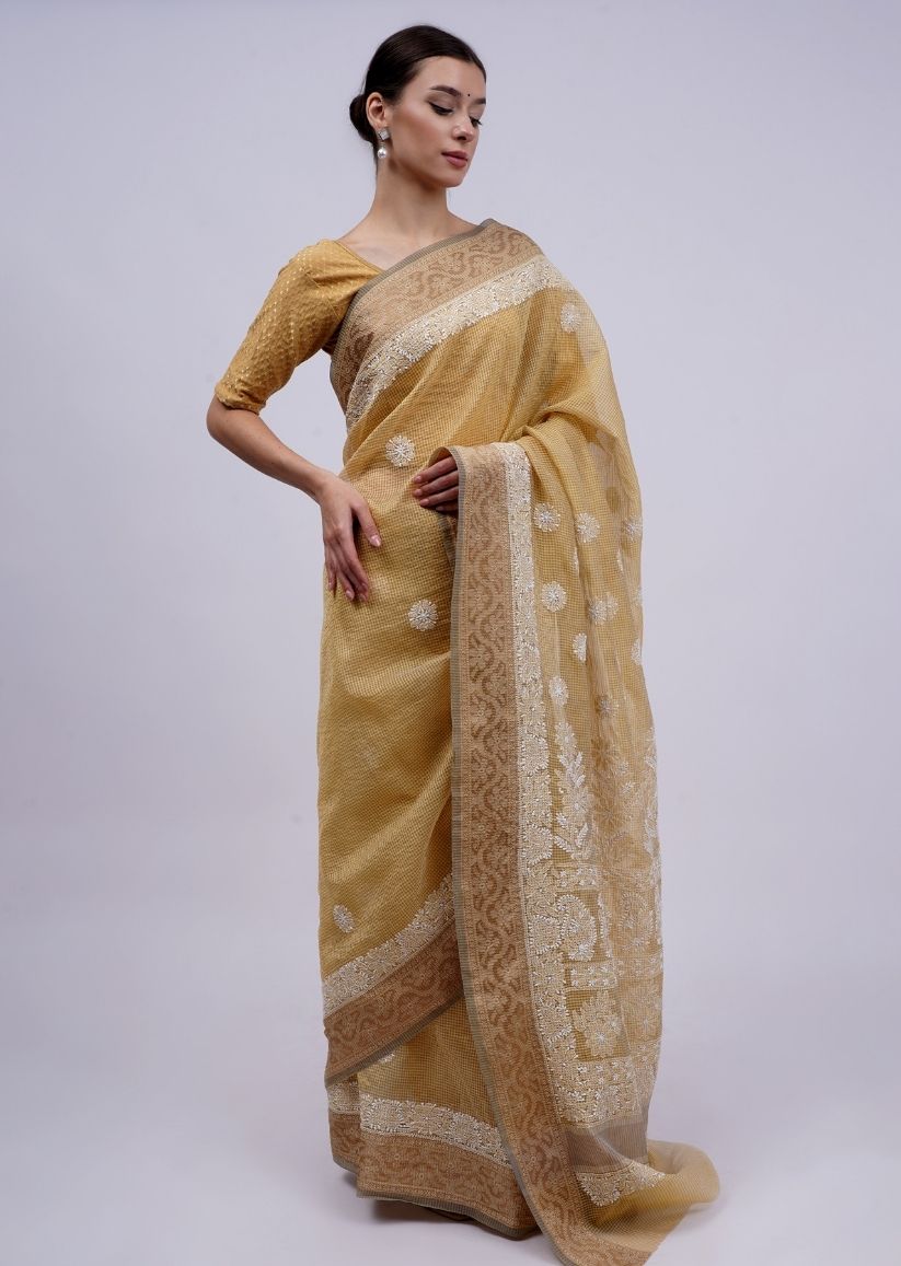 Firgun Mustard Lucknowi Chikankari Cotton Saree with Unstitched Blouse Piece