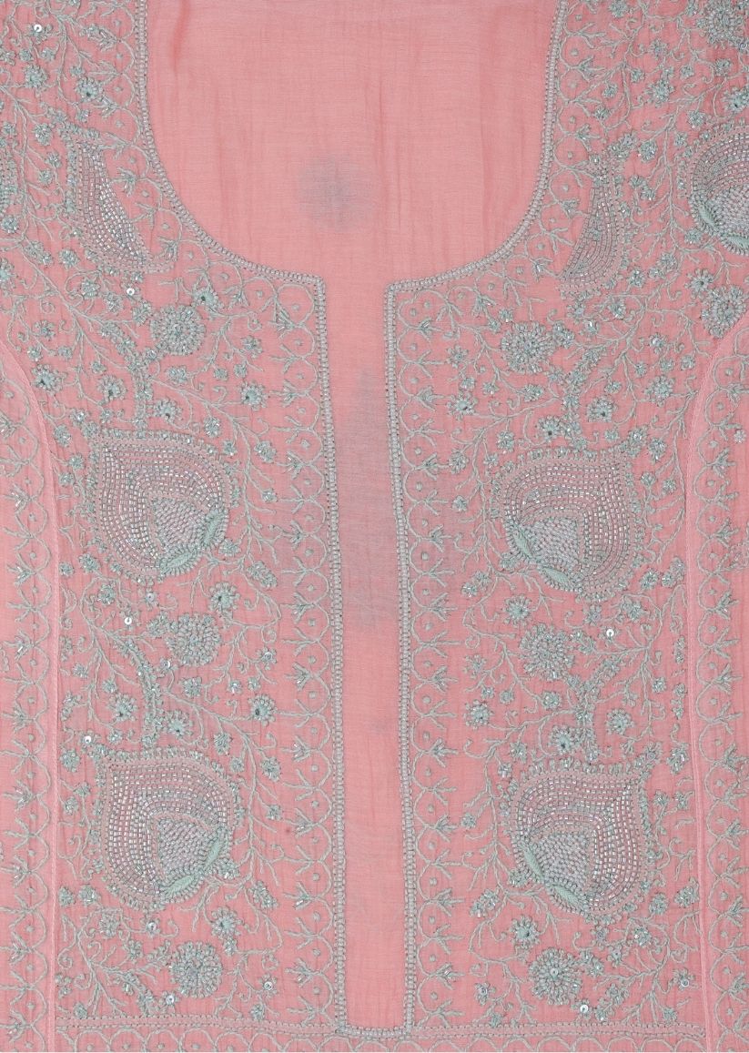Firgun Salmon Pink Lucknowi Chikankari Mul Chanderi Unstitched Kurta & Dupatta Set