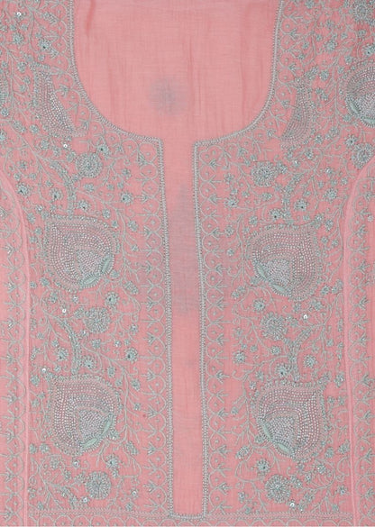 Firgun Salmon Pink Lucknowi Chikankari Mul Chanderi Unstitched Kurta & Dupatta Set