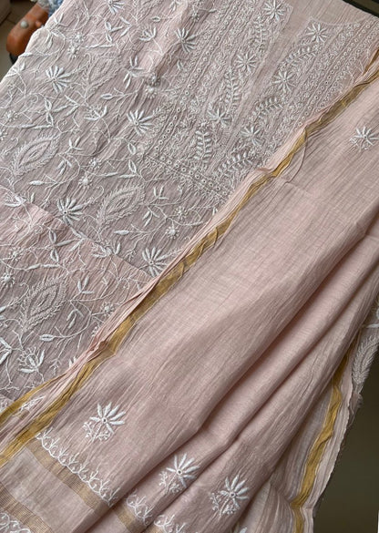 Firgun Pale Pink Lucknowi Chikankari Mul Chanderi Unstitched Kurta & Dupatta Set