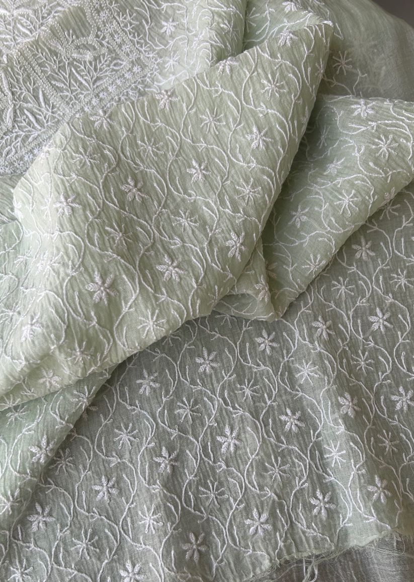 Firgun Pale Mint Green Lucknowi Chikankari Mul Chanderi Unstitched Kurta & Dupatta Set