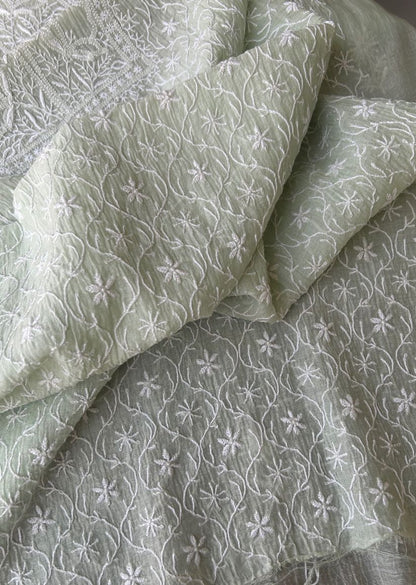 Firgun Pale Mint Green Lucknowi Chikankari Mul Chanderi Unstitched Kurta & Dupatta Set