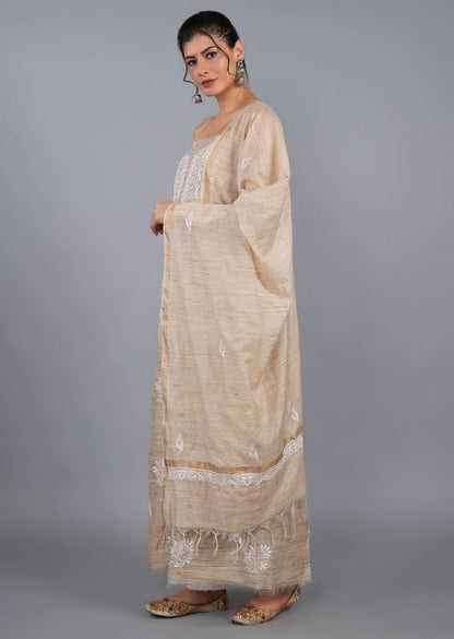 Firgun Beige Lucknowi Chikankari Khadi Silk Unstitched Kurta & Dupatta Set