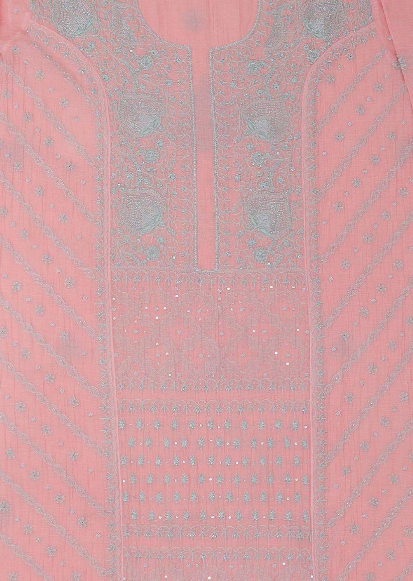 Firgun Salmon Pink Lucknowi Chikankari Mul Chanderi Unstitched Kurta & Dupatta Set