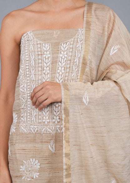 Firgun Beige Lucknowi Chikankari Khadi Silk Unstitched Kurta & Dupatta Set
