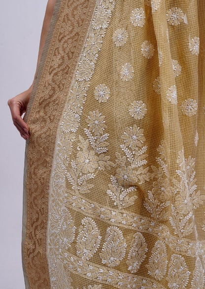 Firgun Mustard Lucknowi Chikankari Cotton Saree with Unstitched Blouse Piece