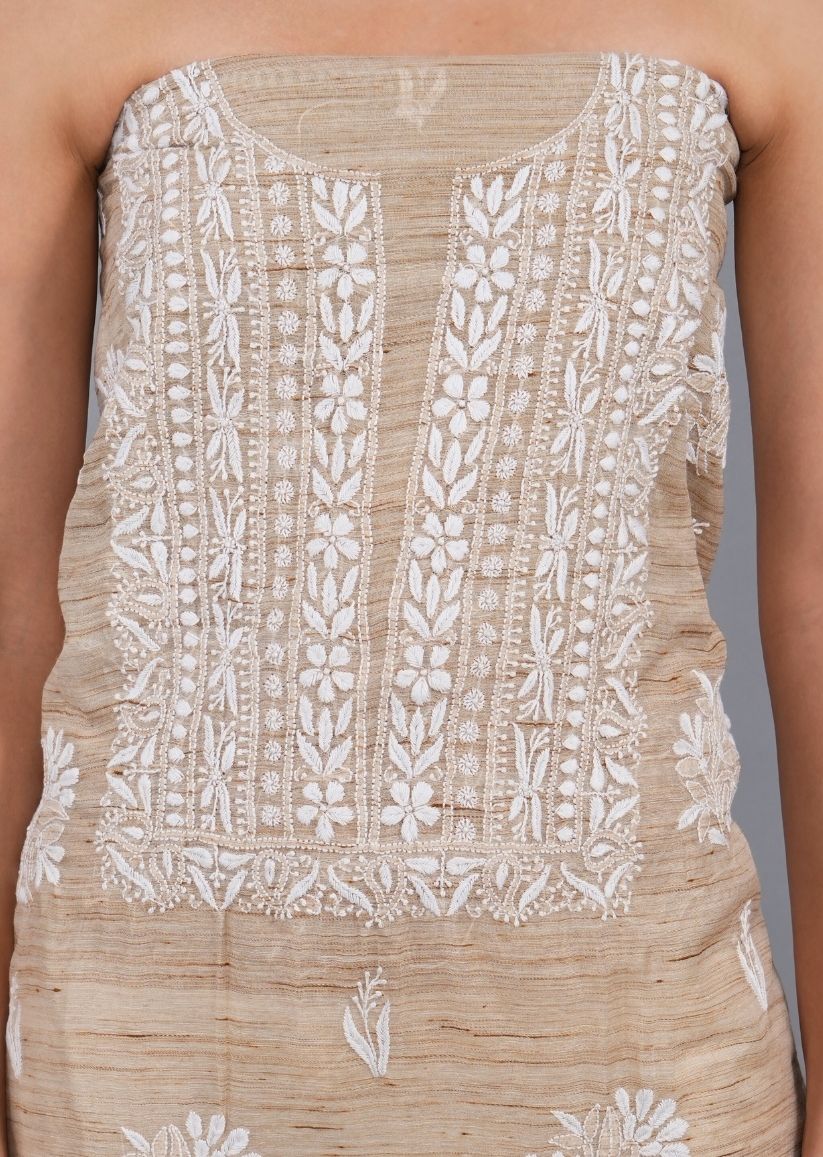 Firgun Beige Lucknowi Chikankari Khadi Silk Unstitched Kurta & Dupatta Set