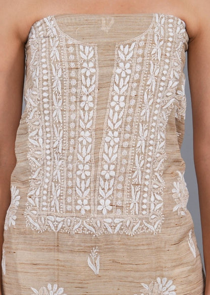 Firgun Beige Lucknowi Chikankari Khadi Silk Unstitched Kurta & Dupatta Set