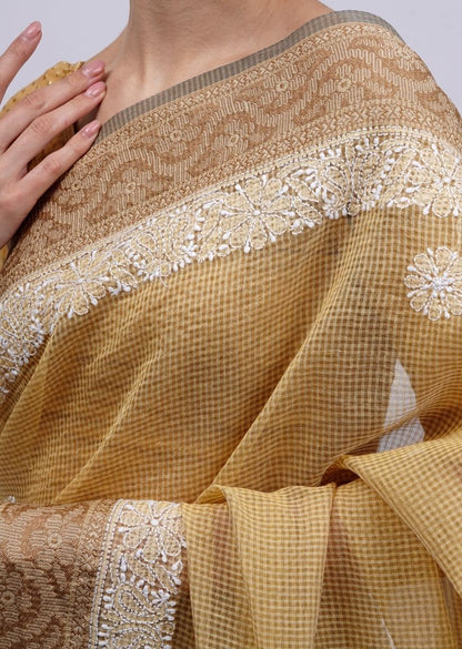 Firgun Mustard Lucknowi Chikankari Cotton Saree with Unstitched Blouse Piece