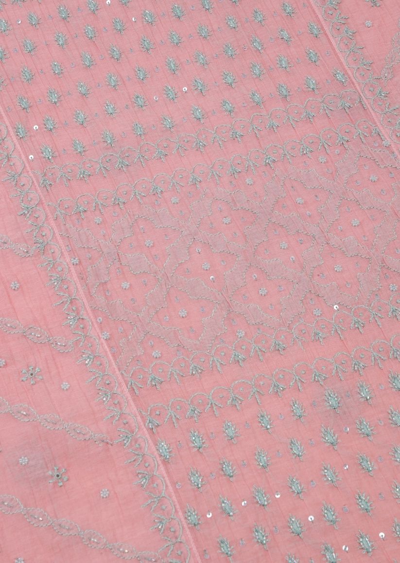 Firgun Salmon Pink Lucknowi Chikankari Mul Chanderi Unstitched Kurta & Dupatta Set