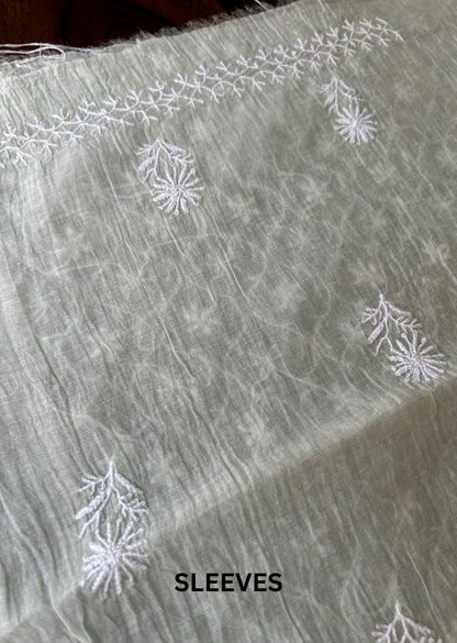 Firgun Pale Mint Green Lucknowi Chikankari Mul Chanderi Unstitched Kurta & Dupatta Set