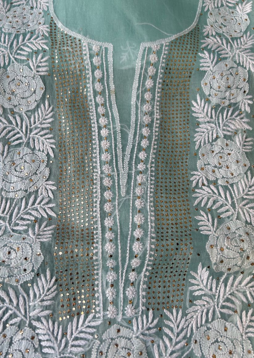 Firgun Aqua Blue Lucknowi Chikankari Pure Organza Unstitched Kurta & Dupatta Set