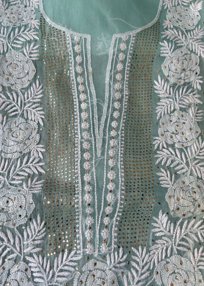 Firgun Aqua Blue Lucknowi Chikankari Pure Organza Unstitched Kurta & Dupatta Set