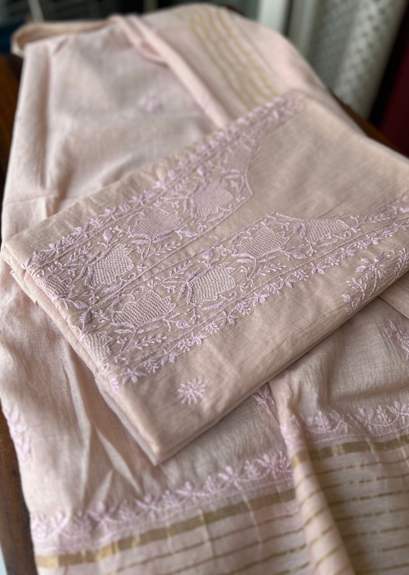 Firgun Dusty Beige Lucknowi Chikankari Mul Chanderi Unstitched Kurta & Dupatta Set