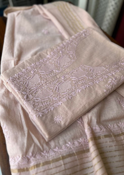 Firgun Dusty Beige Lucknowi Chikankari Mul Chanderi Unstitched Kurta & Dupatta Set