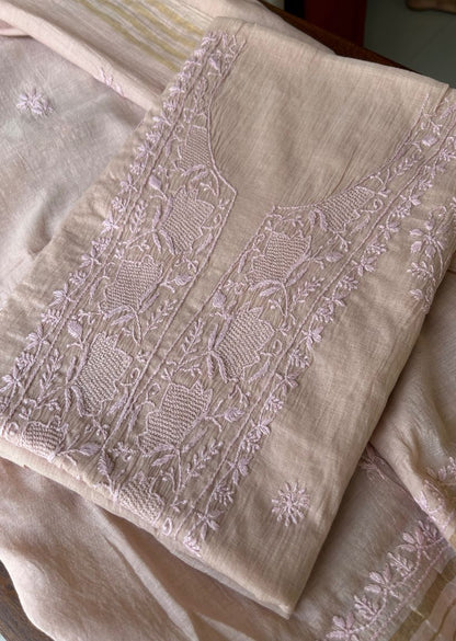 Firgun Dusty Beige Lucknowi Chikankari Mul Chanderi Unstitched Kurta & Dupatta Set