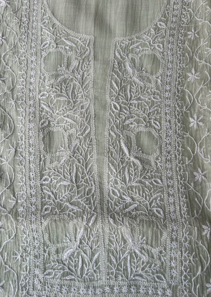 Firgun Pale Mint Green Lucknowi Chikankari Mul Chanderi Unstitched Kurta & Dupatta Set