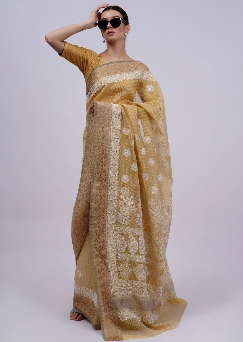 Firgun Mustard Lucknowi Chikankari Cotton Saree with Unstitched Blouse Piece
