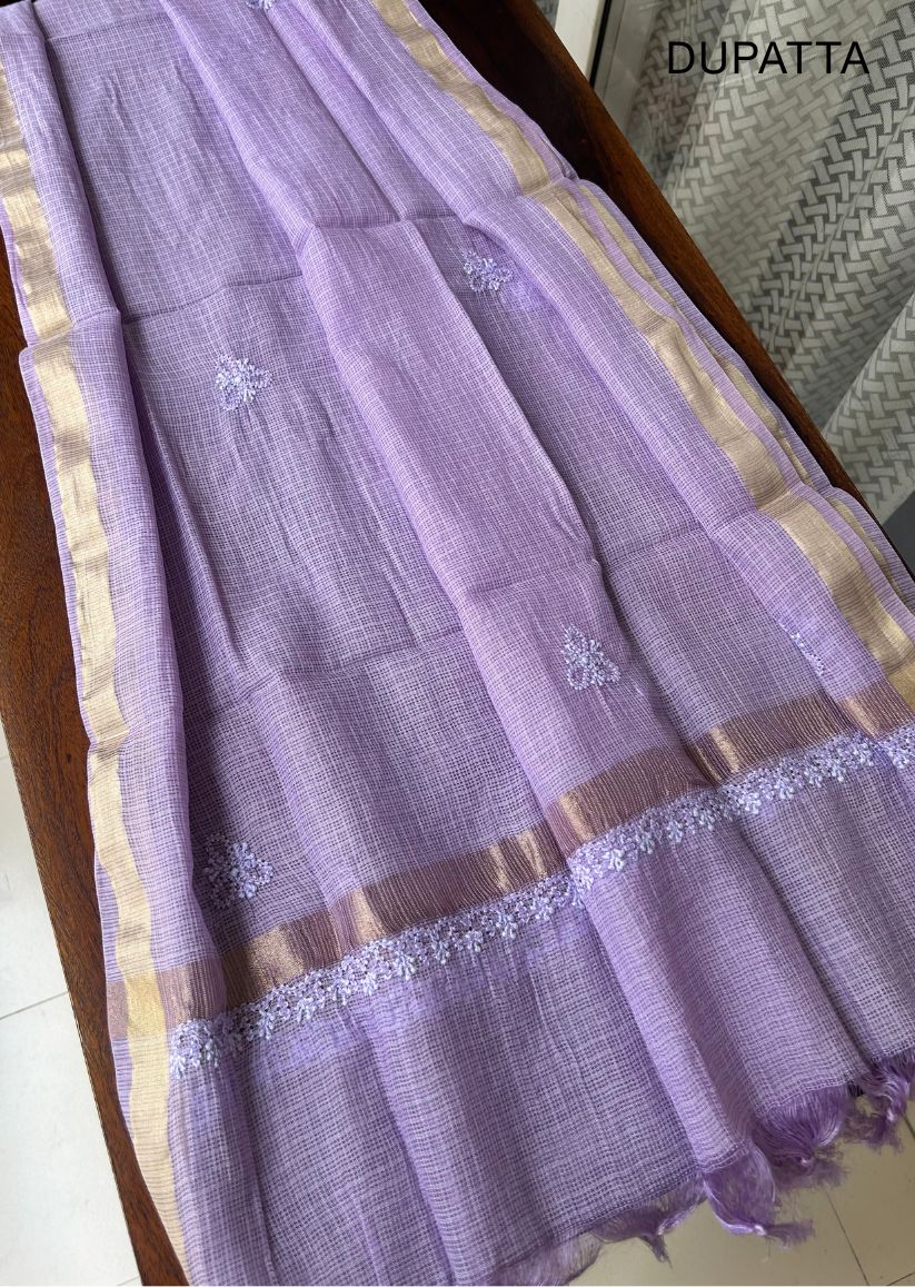 Firgun Royal Purple Lucknowi Chikankari Kota Unstitched Kurta & Dupatta Set