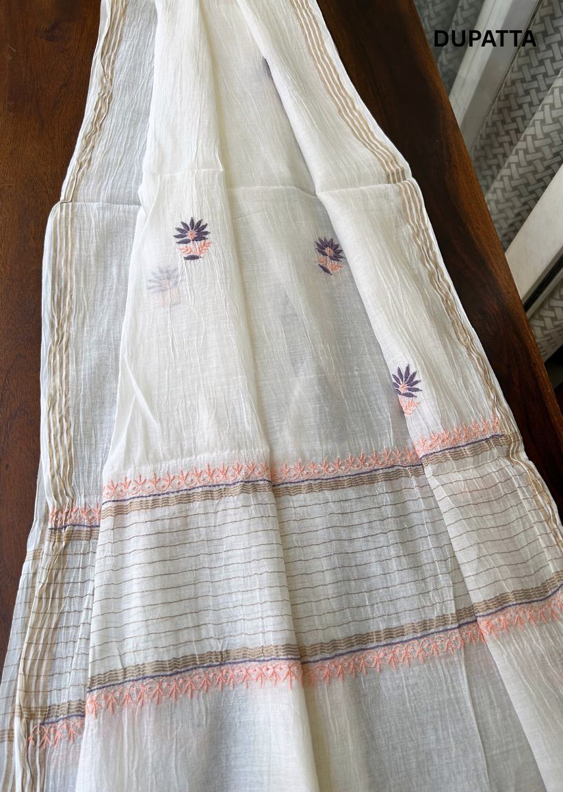 Firgun White Lucknowi Chikankari with Wine & Peach Work Mul Chanderi Unstitched Kurta & Dupatta Set