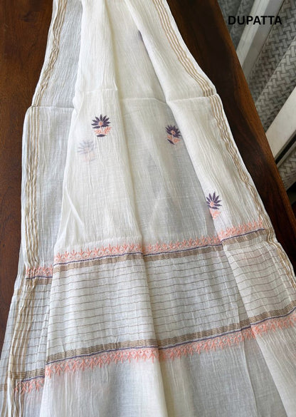 Firgun White Lucknowi Chikankari with Wine & Peach Work Mul Chanderi Unstitched Kurta & Dupatta Set