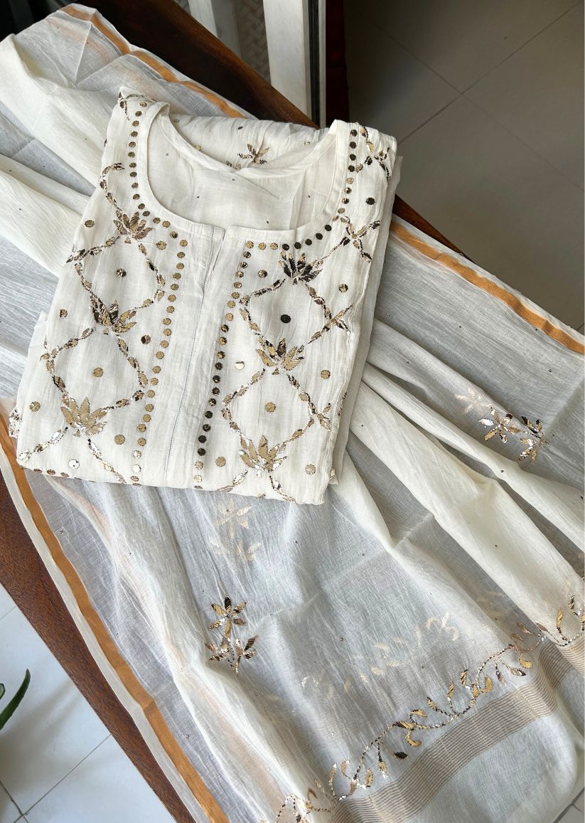 Firgun White Lucknowi Chikankari Mul Chanderi Semi-stitched Anarkali & Dupatta Set