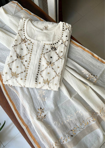 Firgun White Lucknowi Chikankari Mul Chanderi Semi-stitched Anarkali & Dupatta Set