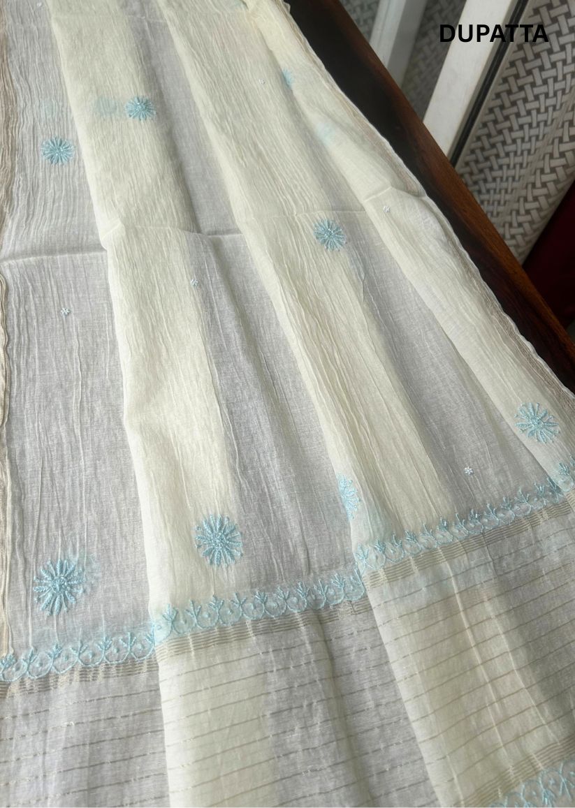 Firgun Ivory & Blue Lucknowi Chikankari Mul Chanderi Unstitched Kurta & Dupatta Set with Pearl & Cutdana Work