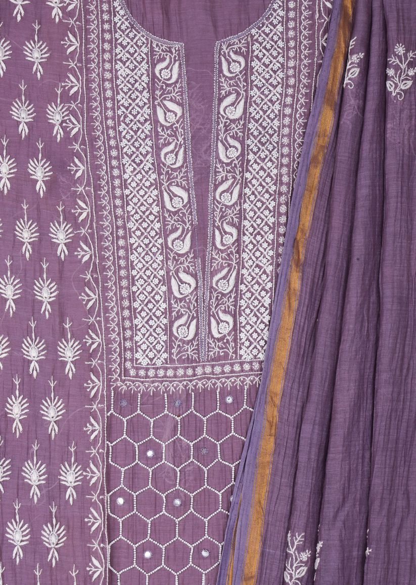 Firgun Mauve Lucknowi Chikankari & Pearl Work Mul Chanderi Unstitched Kurta & Dupatta Set