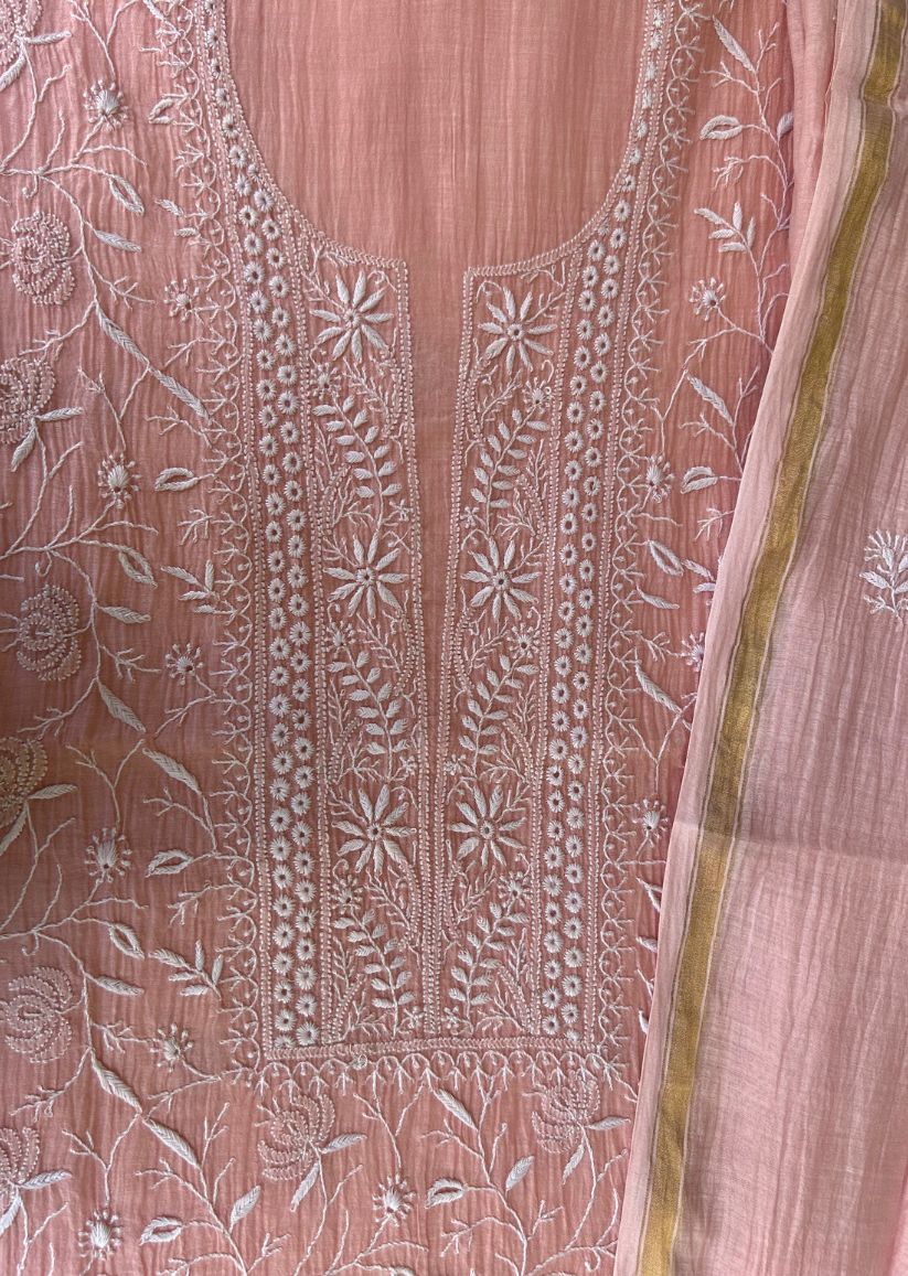 Firgun Peach Lucknowi Chikankari Mul Chanderi Unstitched Kurta & Dupatta Set