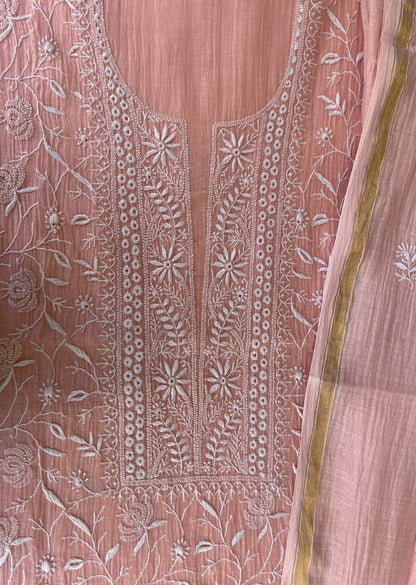 Firgun Peach Lucknowi Chikankari Mul Chanderi Unstitched Kurta & Dupatta Set