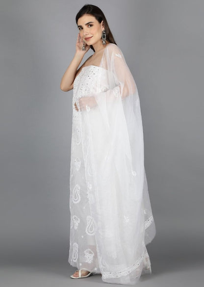 Firgun White Lucknowi Chikankari and Mukaish Work Organza Unstitched Kurta & Dupatta Set