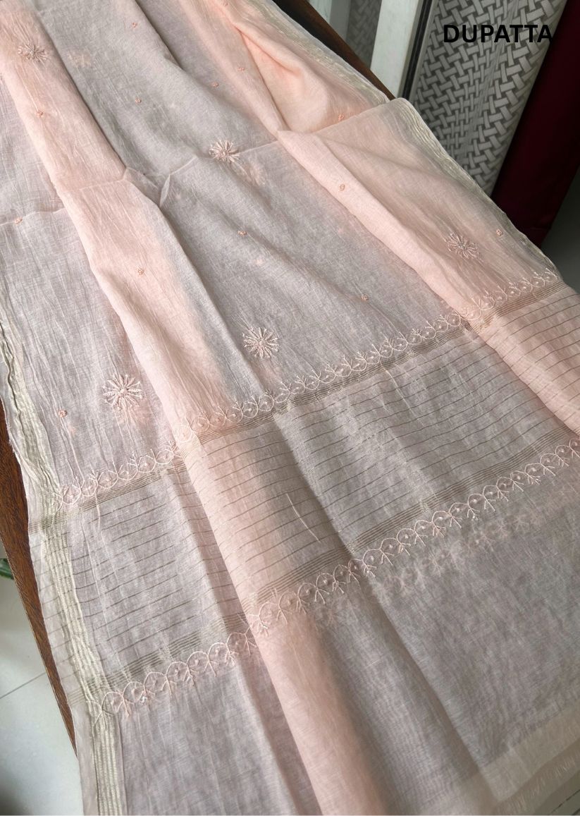 Firgun Peach Lucknowi Chikankari Mul Chanderi Unstitched Kurta & Dupatta Set with Pearl & Cutdana Work