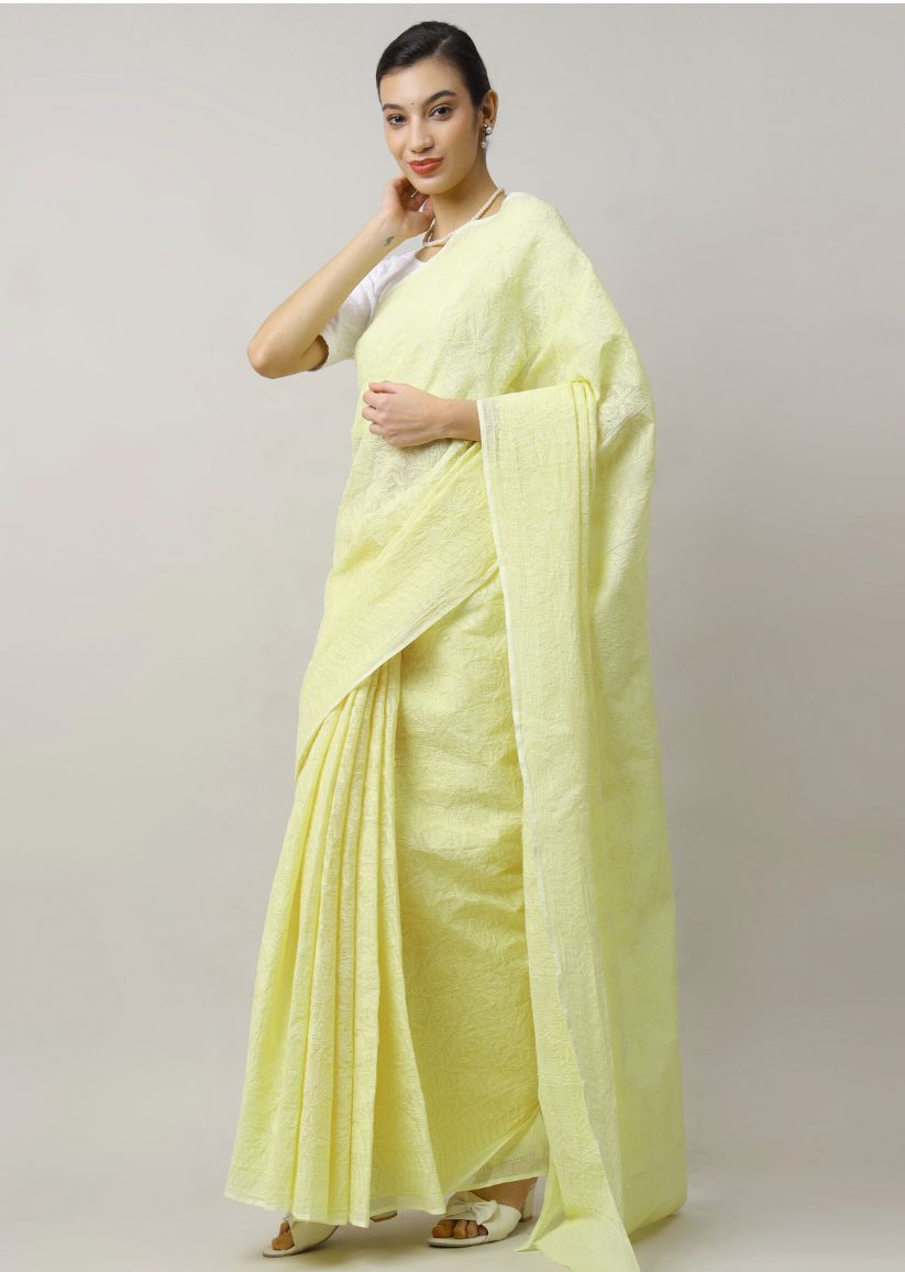 Firgun Hand Embroidered Lemon Lucknowi Chikankari Kota Doria Tepchi Work Saree with Blouse Piece