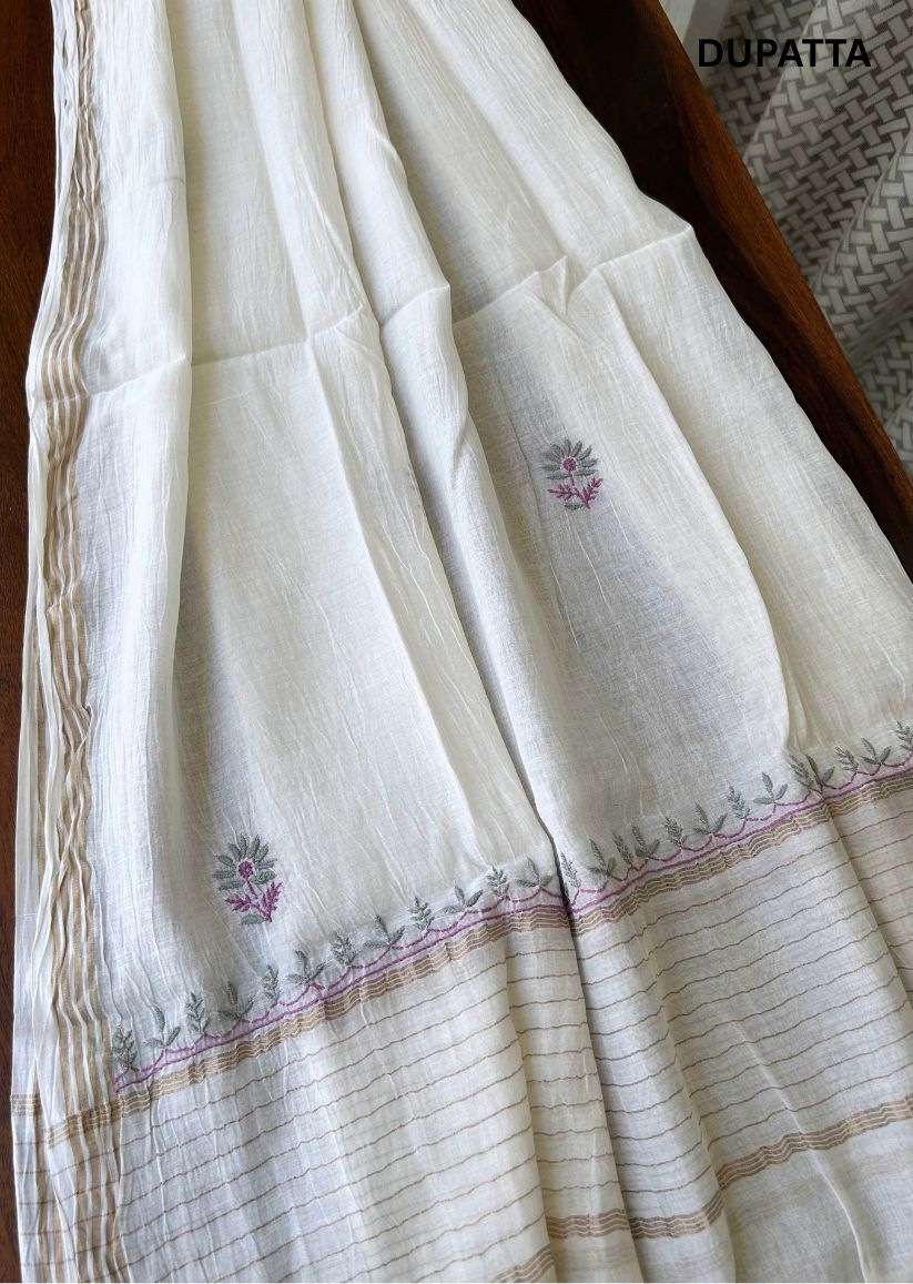Firgun White Lucknowi Chikankari with Violet & Grey Work Mul Chanderi Unstitched Kurta & Dupatta Set