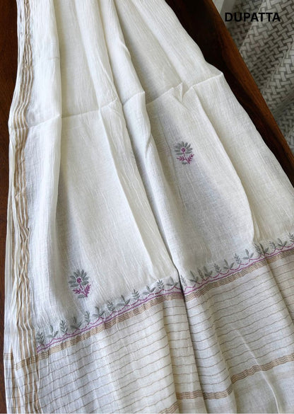 Firgun White Lucknowi Chikankari with Violet & Grey Work Mul Chanderi Unstitched Kurta & Dupatta Set