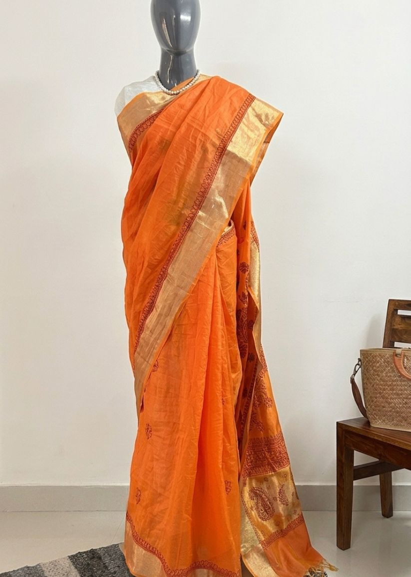 Firgun Tangerine Lucknowi Chikankari Chanderi Saree with Unstitched Blouse Piece