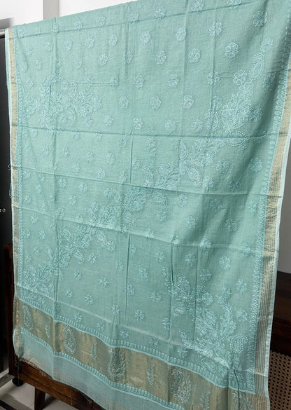 Firgun Mint Green Lucknowi Chikankari Mul Cotton Saree with Unstitched Blouse Piece