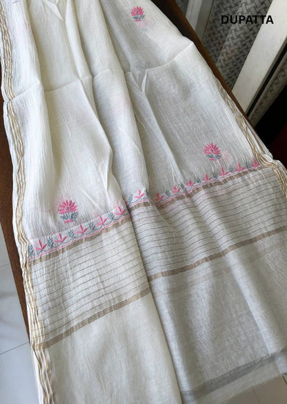 Firgun White Lucknowi Chikankari with Pink & Grey Work Mul Chanderi Unstitched Kurta & Dupatta Set
