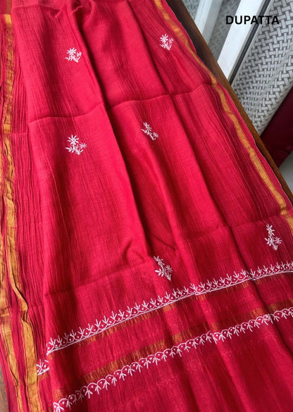 Firgun Red Lucknowi Chikankari Mul Chanderi Unstitched Kurta & Dupatta Set with Pearl & Cutdana Work
