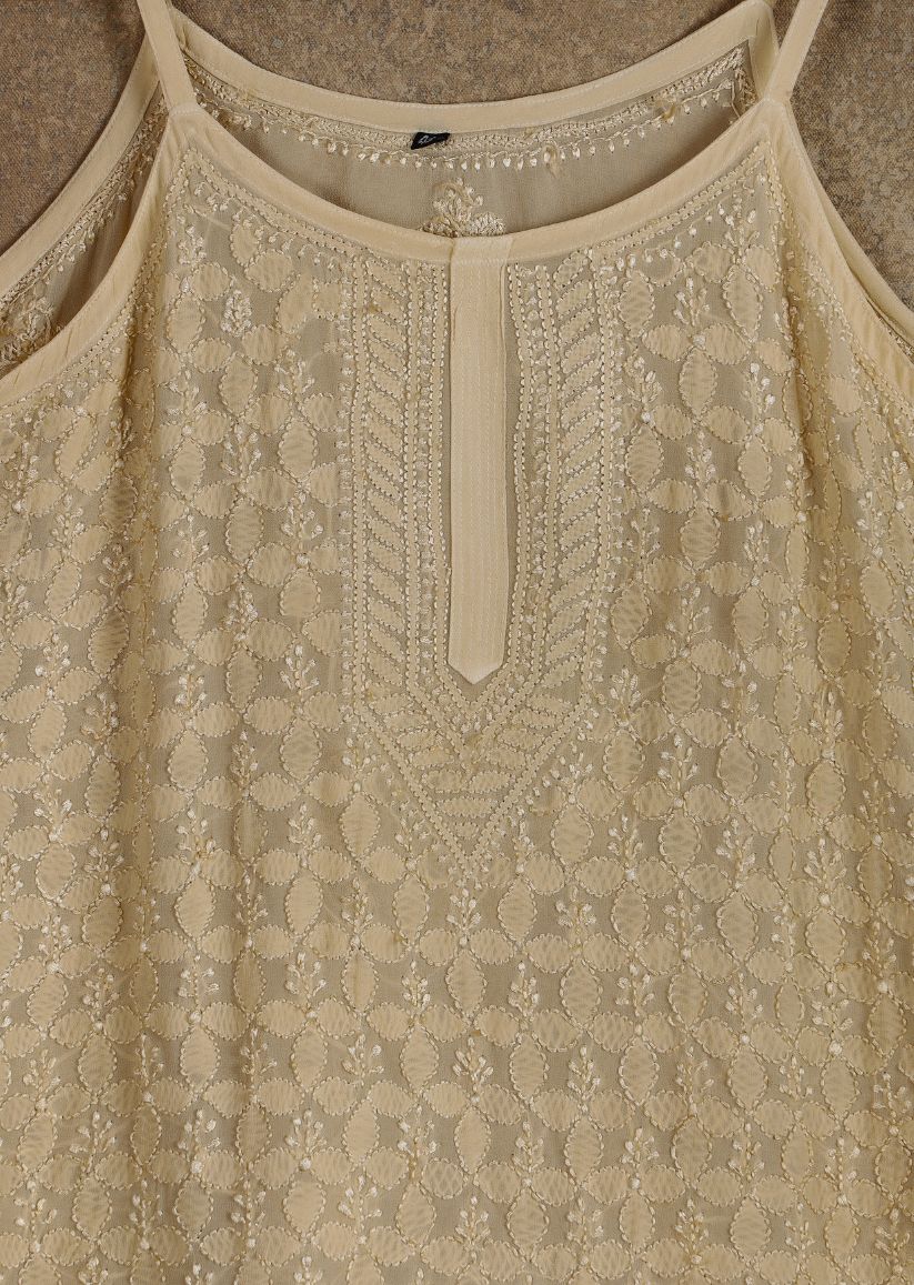 Firgun Beige Lucknowi Chikankari Viscose Georgette Spaghetti Top