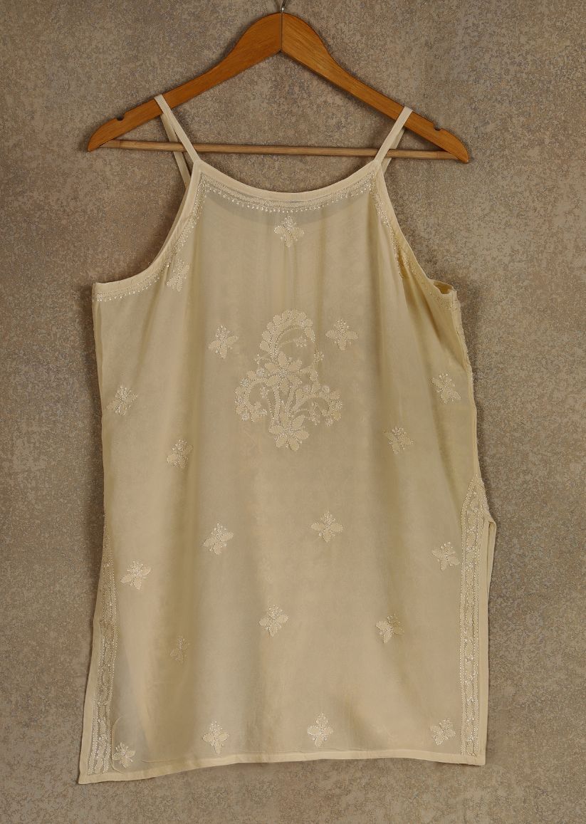 Firgun Beige Lucknowi Chikankari Viscose Georgette Spaghetti Top